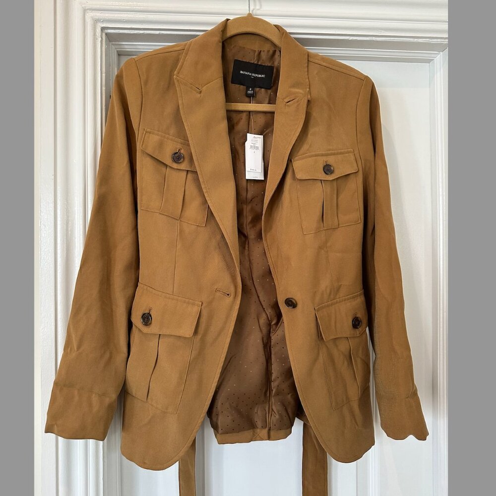 Military Double Pocket Drapey Twill Blazer with Belt - Picture 2 of 9